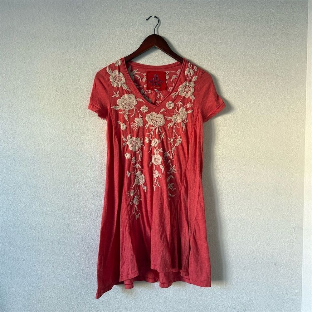Johnny Was Embroidered Boho Hippie Tunic Dress XS Red Floral Short Sleeve